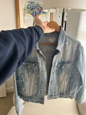 superdown Light Wash Denim Jacket with Pearl Studs